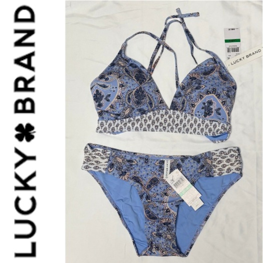 Lucky Brand Blue Paisley Halter Bikini‎ Swimsuit Set Womens Large NWT